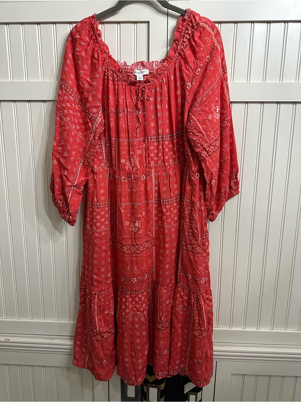 beachlunchlounge Red Printed Midi Peasant Dress Size S
